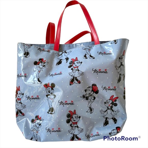 Disney Parks Minnie Mouse Large Vinyl Tote Bag Shopper Purse Blue Polka Dots Red - Picture 1 of 11